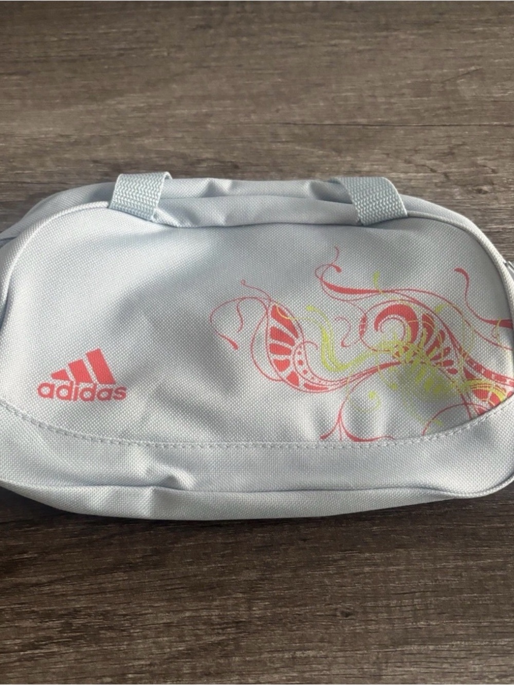 adidas Light Blue Cosmetic Pouch with Coral and Pale Yellow Design